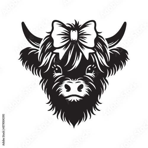 Highland cow illustration, cute cartoon highland cow black on a white background 