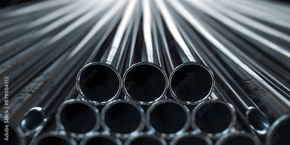 Organized Storage of Shiny Chrome Pipes and Steel Supplies in Logistics Facility. Concept Storage Solutions, Logistics Management, Metal Industry, Warehouse Organization, Chrome Pipes