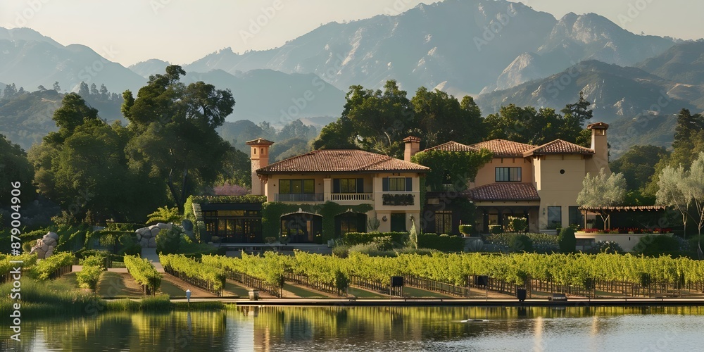 Fototapeta premium Serene Lakeside Vineyard Estate Surrounded by Lush Vines and Mountains Perfect for Wine Enthusiasts. Concept Vineyard Tours, Wine Tasting, Rustic Charm, Scenic Views, Wine Lover's Paradise