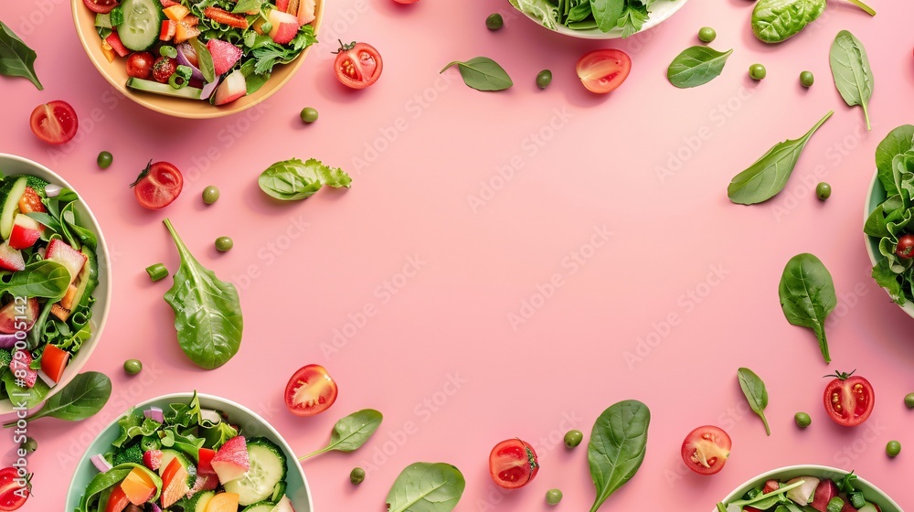 Frame of delicious salads Plates with assorted salads Frame of delicious salads Plates with assorted salads