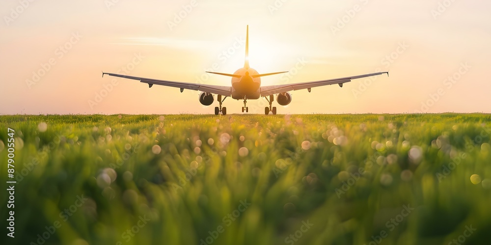 Airplane taking off from grassy field in image D. Concept Outdoor Photoshoot, Airplane, Grassy Field, Transportation, Scenic Landscape Airplane taking off from grassy field in image D. Concept Outdoor Photoshoot, Airplane, Grassy Field, Transportation, Scenic Landscape