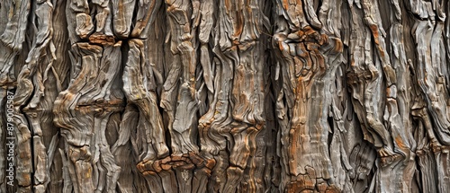 Panoramic close-up, high detail scan of gnarled cypress tree bark texture, Generative AI photo