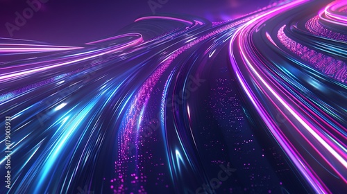 Rapidly darting lights and vivid stripes against a dark backdrop, showcasing a futuristic technological landscape filled with vibrant hues.