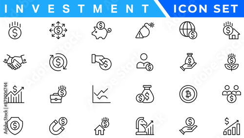 Investment Line Editable Icons set. Vector illustration in modern thin line style of business related icons: types of investments, economics, profit, savings, and more. Isolated on white