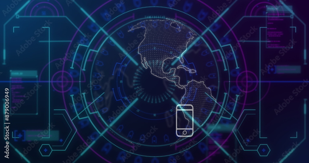 Image of network of connections and globe over scope scanning and data processing