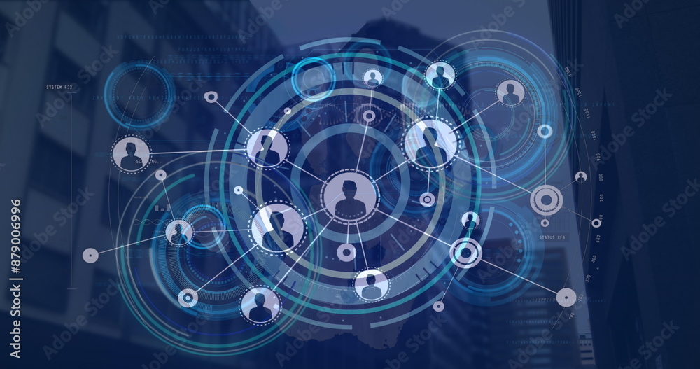 Image of digital circles and profile icons interconnecting with lines against modern skyscrapers Image of digital circles and profile icons interconnecting with lines against modern skyscrapers