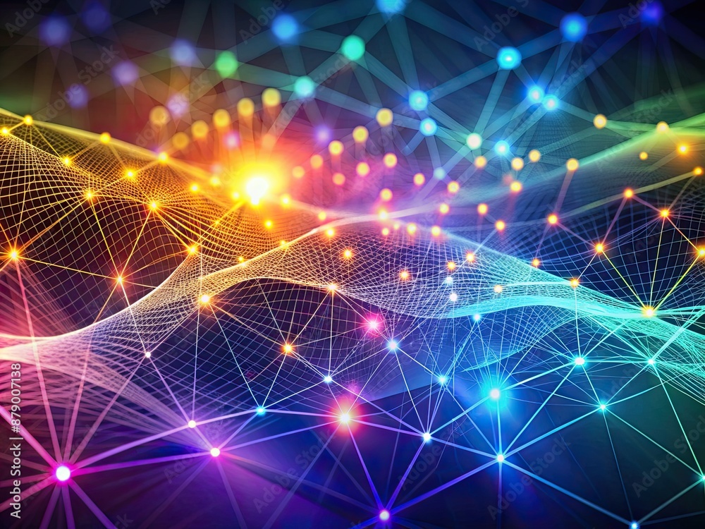 Obraz premium Vibrant abstract background featuring undulating waves of dots and interconnected weave lines, forming a dynamic network connection structure with a futuristic tone.