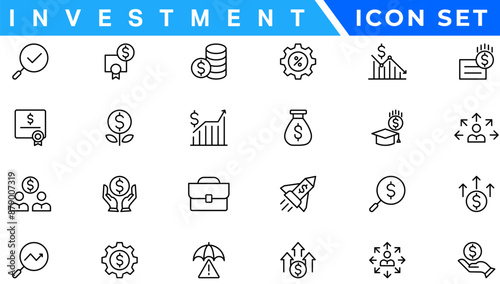 Investment Line Editable Icons set. Vector illustration in modern thin line style of business related icons: types of investments, economics, profit, savings, and more. Isolated on white