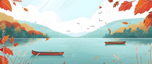 Autumn Foliage Forest Outdoor Park Background Cartoonish Minimal Banner Print Design with Serene Lake and Paddling Canoes photo