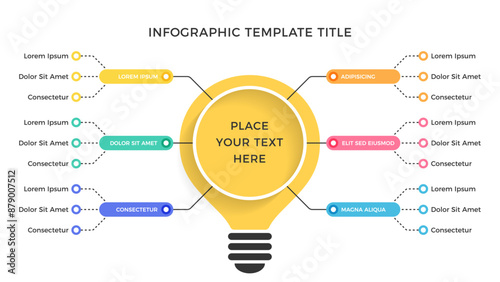 Mind map infographic template with a light bulb with six branches representing different thoughts, ideas, and concepts, vector eps10 illustration