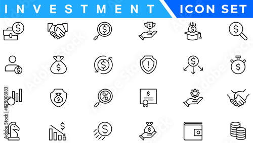 Money income line icon set. Pension fund, profit growth, piggy bank, finance capital minimal vector illustration. Simple outline signs for investment application. 30x30 Pixel Perfect Editable Strokes