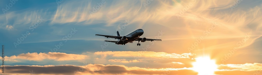 Airplane flying against a vibrant sunset sky. Concept of travel, aviation, and freedom. Stunning view of plane in the evening sky. Airplane flying against a vibrant sunset sky. Concept of travel, aviation, and freedom. Stunning view of plane in the evening sky.