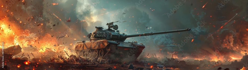Tank in a dynamic battlefield environment with explosions and debris Tank in a dynamic battlefield environment with explosions and debris