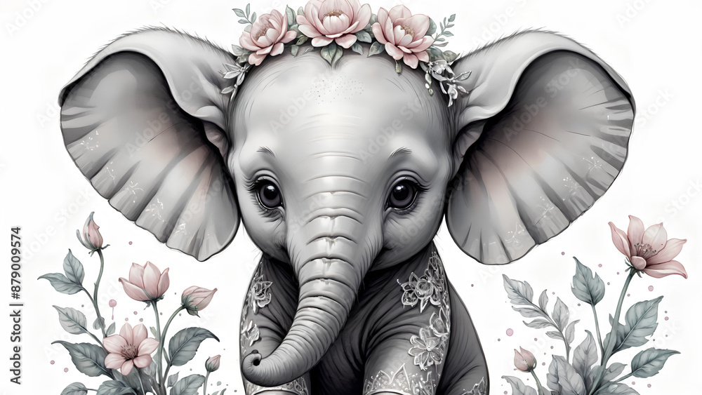 Obraz premium Baby elephant and flower in the style of whimsical ink drawings
