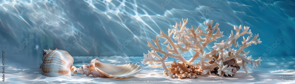 A serene underwater scene with seashells and coral, bathed in gentle sunlight creating a tranquil marine ambiance. A serene underwater scene with seashells and coral, bathed in gentle sunlight creating a tranquil marine ambiance.