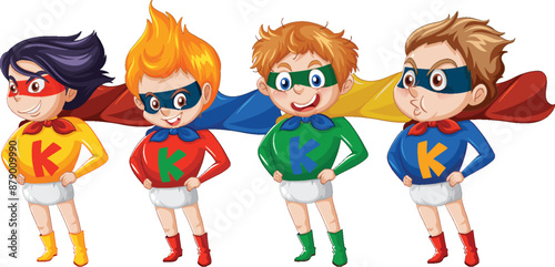 Four kids dressed as superheroes with capes