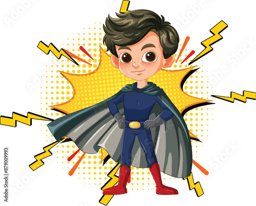 A young superhero standing confidently with lightning bolts