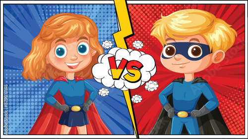 Two superheroes facing off in a comic style