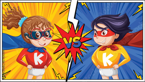 Two superhero kids in a comic-style showdown