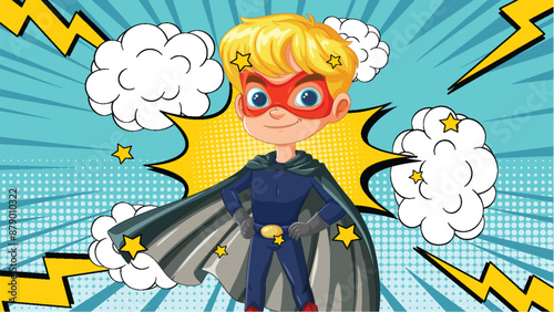 Blonde superhero with cape and mask