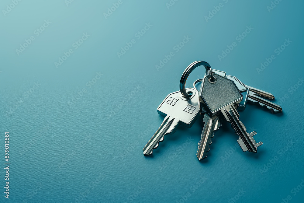 Bunch of House Keys on Blue Background Security and Real Estate Concept Bunch of House Keys on Blue Background Security and Real Estate Concept