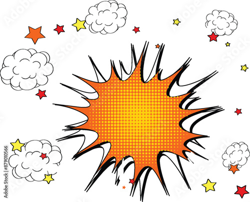 Vibrant comic-style explosion with stars and clouds