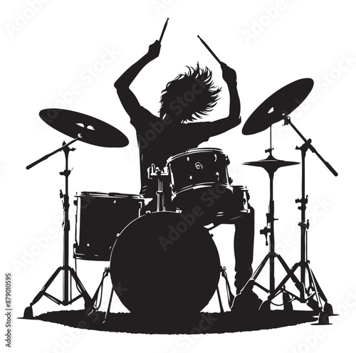 A drummer musician drumming drums vector silhouette
