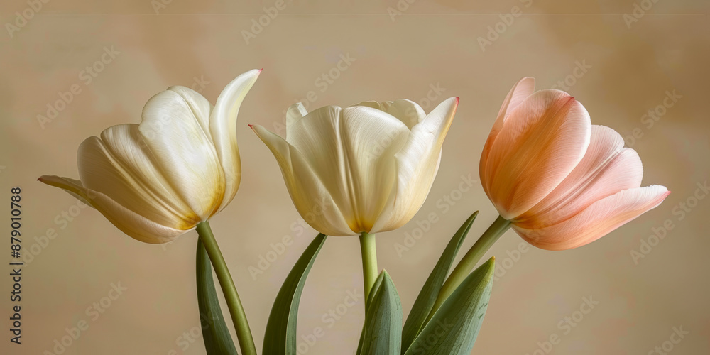 Fototapeta premium Beautiful Trio of White and Pink Tulips Against Neutral Background Elegant Floral Arrangement