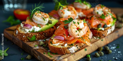 Wallpaper Mural Delicious Avocado Toast with Salmon, Shrimp, Veggies, Capers, and Cream Cheese on a Wooden Board. Concept Avocado Toast, Salmon, Shrimp, Veggies, Capers, Cream Cheese, Wooden Board Torontodigital.ca