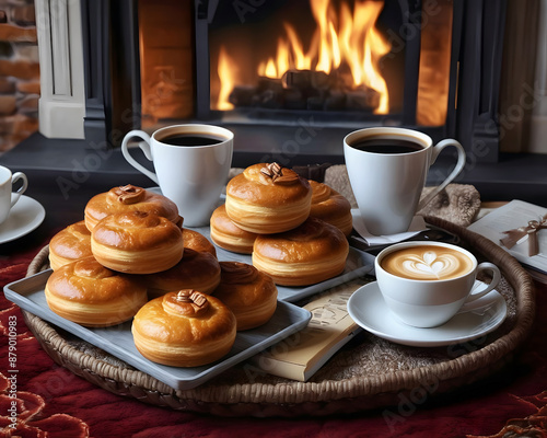 Three cups of coffee, delicious buns  and a lit fireplace
 photo