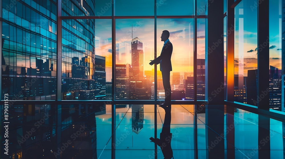 Silhouette of a Businessman Looking Out a Window at Sunset Silhouette of a Businessman Looking Out a Window at Sunset