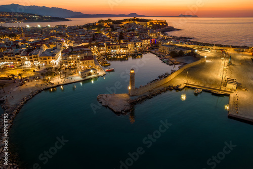 Aerial view  of the iconic old harbor of Rethymno with the   venetian  architecture  in Crete, Greece.