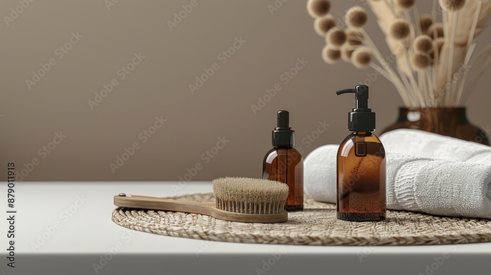 Minimalist bathroom vanity with amber glass soap dispensers and a wooden bath brush on a woven mat Minimalist bathroom vanity with amber glass soap dispensers and a wooden bath brush on a woven mat