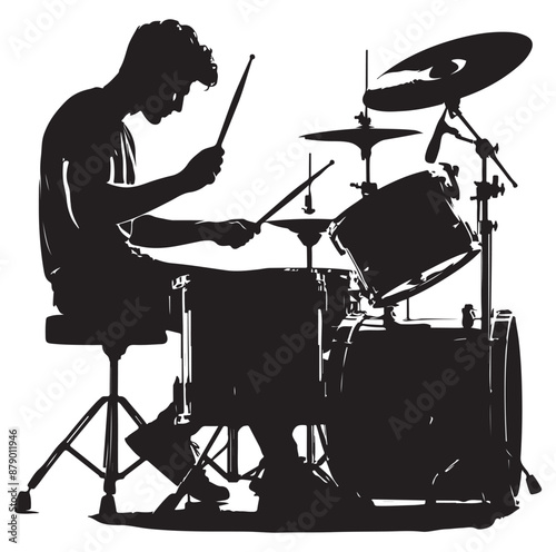 A drummer musician drumming drums vector silhouette