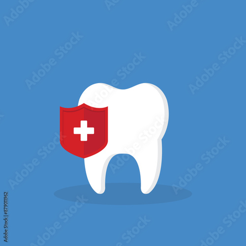 Dental Care, protection. Tooth icon and red protection shield.