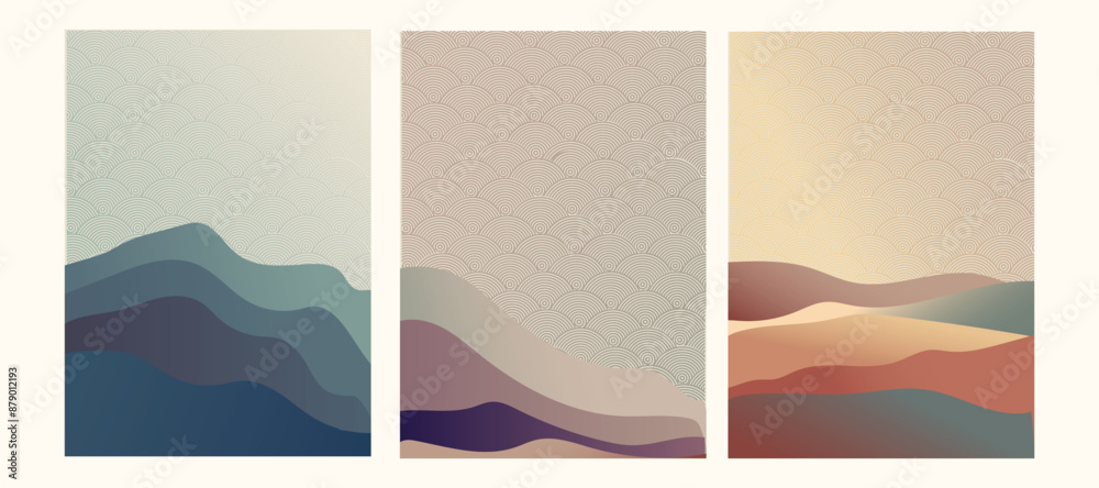 Japanese background with line wave pattern vector. Abstract template with geometric pattern. Mountain layout design in oriental style.
Japanese background with line wave pattern vector. Abstract template with geometric pattern. Mountain layout design in oriental style.