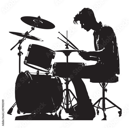 A drummer musician drumming drums vector silhouette