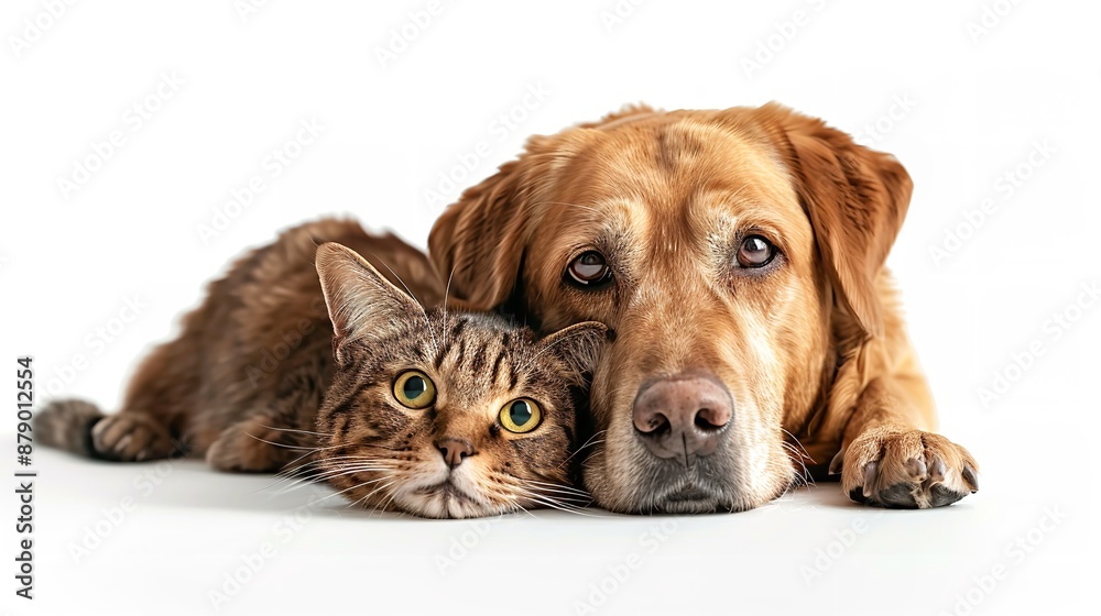 Publicidade pet, cachorro com gatinho juntos em um fundo infinito branco Publicidade pet, cachorro com gatinho juntos em um fundo infinito branco