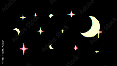 Pixel Color Leaked Moon and Stars Blinking on Black Background