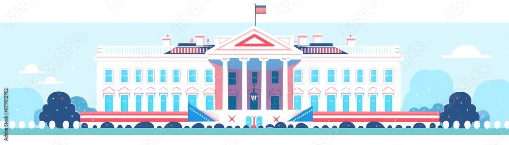 American flag, Statue of Liberty, and White House, flat design illustration American flag, Statue of Liberty, and White House, flat design illustration