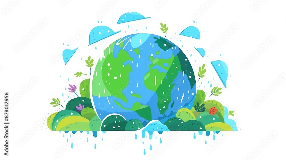 Earth with carbon footprint and rainfall, flat design illustration