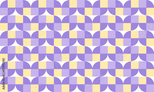 Quarter Yellow dot and purple and yellow overlap square block, diamond patter repeat seamless pattern design for fabric printing or t-shirt screening paint, checkerboard chess strip
