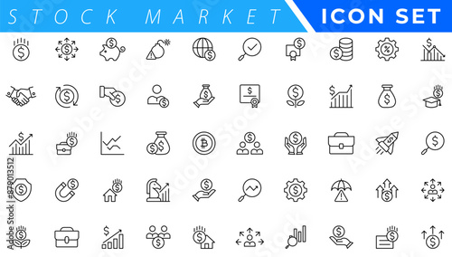 Stock market icons set with fully editable stroke thin line vector illustration with stock marketing, stock exchange, investment, shares, financial goals, bear marketing, trading, securities, money