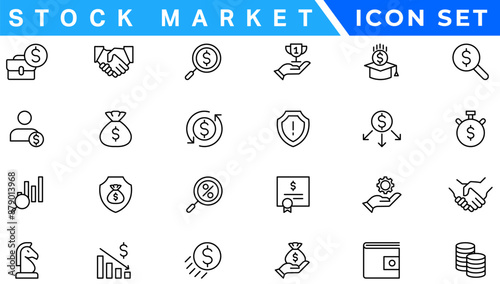Stock market icons set with fully editable stroke thin line vector illustration with stock marketing, stock exchange, investment, shares, financial goals, bear marketing, trading, securities, money
