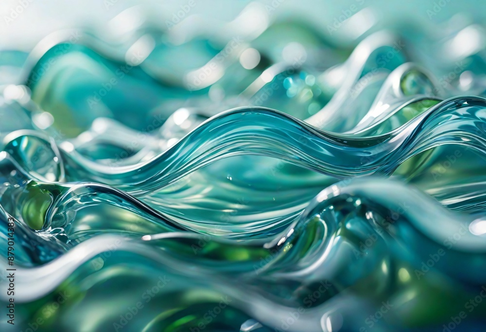 A dynamic background of undulating glass forms in shades of blue and green, producing a calming and fluid aesthetic A dynamic background of undulating glass forms in shades of blue and green, producing a calming and fluid aesthetic
