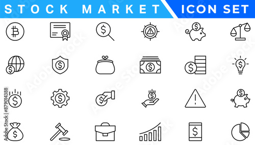Stock market icons set with fully editable stroke thin line vector illustration with stock marketing, stock exchange, investment, shares, financial goals, bear marketing, trading, securities, money