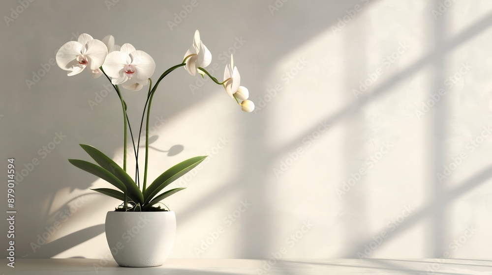 White Orchid in a White Pot with Light Shadow on Wall White Orchid in a White Pot with Light Shadow on Wall