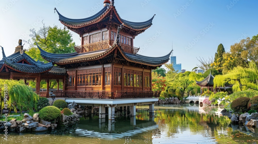 A traditional Chinese pagoda with multiple eaves, intricate woodwork, and a serene pond nearby. A traditional Chinese pagoda with multiple eaves, intricate woodwork, and a serene pond nearby.