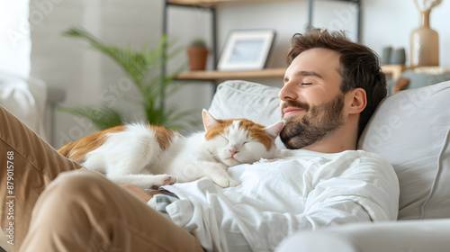 A serene man and his cat sleeping and smiling in bright tones house, the essence of rest and calm. The heartwarming scene of the joy and contentment pets, happiness, tender moments, and relaxation.