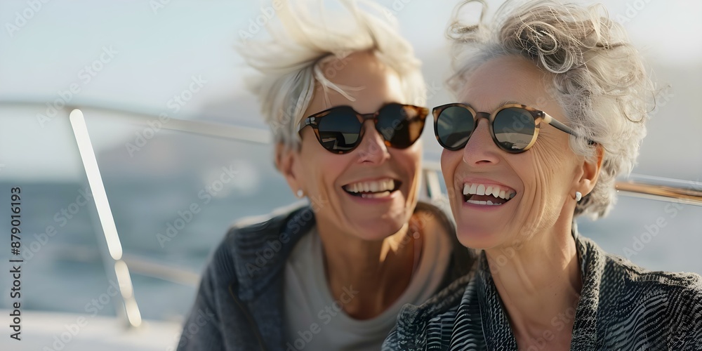 Two women laughing on a boat. Concept Friendship, Summer Fun, On the Water, Laughter, Enjoying Moments Two women laughing on a boat. Concept Friendship, Summer Fun, On the Water, Laughter, Enjoying Moments